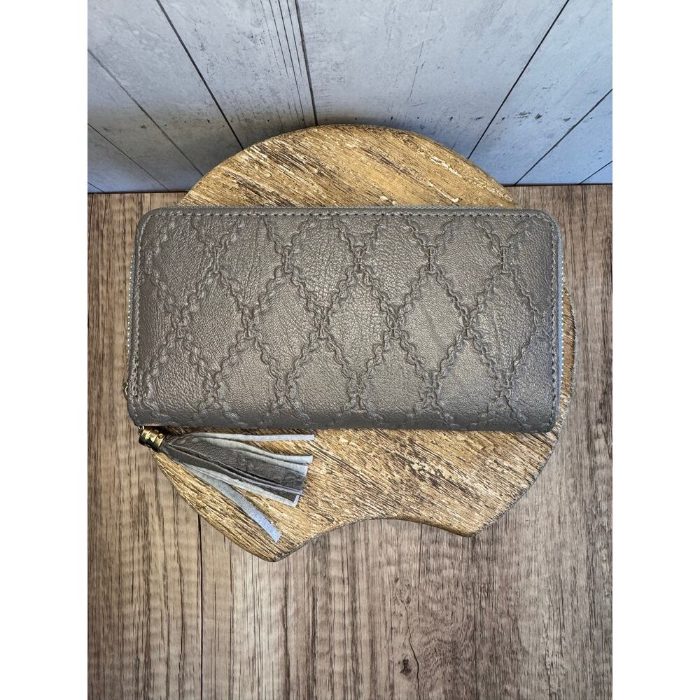 Gray Vegan Leather Wallet Criss Cross Pocket braid Purse Bag Wallet Fast Ship